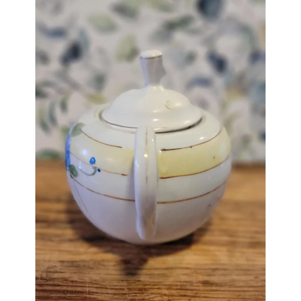 Antique Hand Painted Blue Floral Porcelain Teapot - 1930s Japan Blue Lusterware